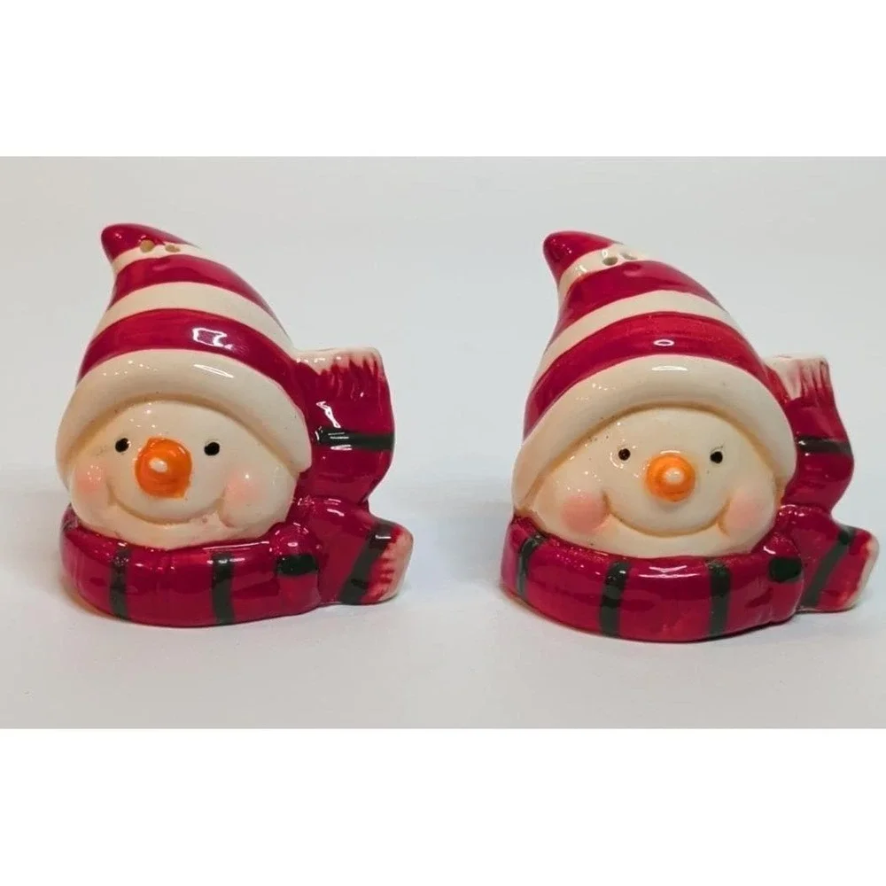 Vintage Snowman Salt‎ & Pepper Shakers Red Scarf Christmas Ceramic Set Japan